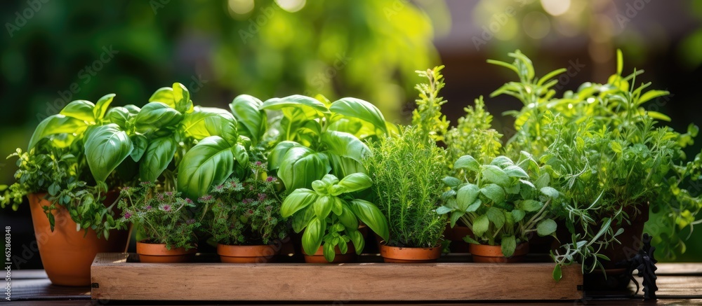 Herbs and plants thrive on wooden balcony representing small veggie garden