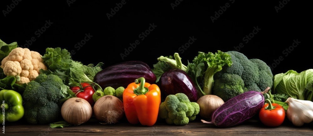 Close up of fresh veggies and greens on boards