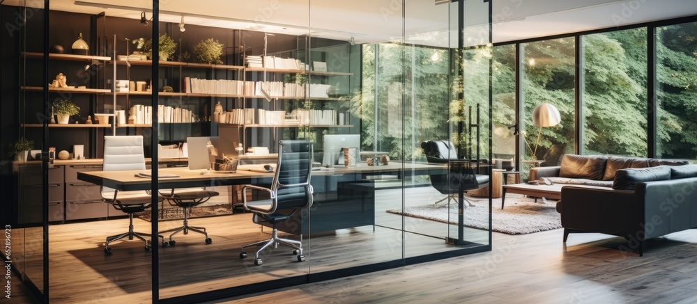 Modern home office in living room with glass wall and sliding doors