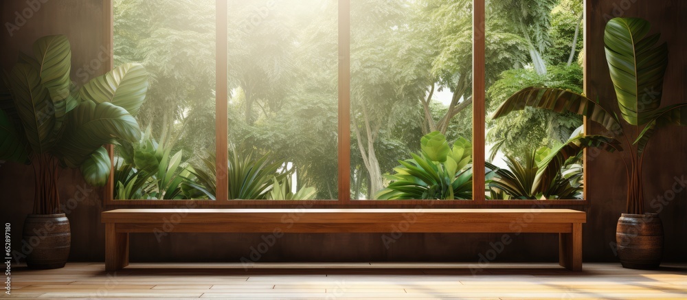 an empty room with a large window overlooking a wooden courtyard and a green tropical tree wall background