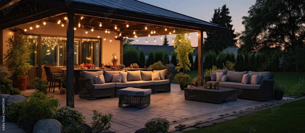 Summer evening on a suburban patio with lovely lights and wicker furniture