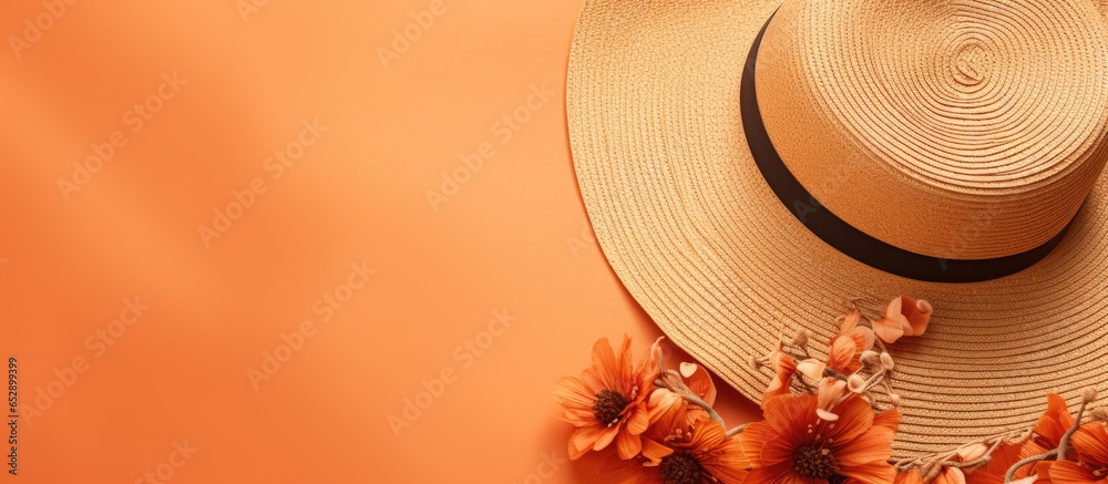 Orange background with bohemian fashion accessories for women including sunglasses leather sandals and a straw hat Luxurious French lifestyle blog