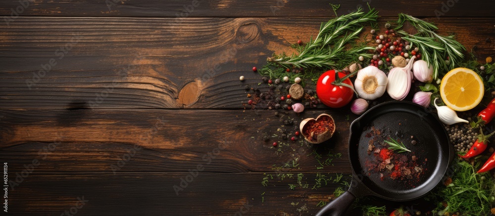 Cooking ingredients and cast iron skillet on wooden table Food concept with space for text