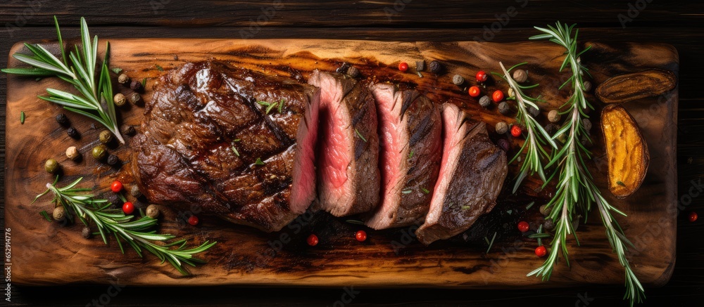 Grilled medium rare steak on wooden board viewed from top