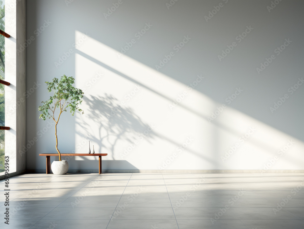 Interior of living room with white walls, tiled floor, wooden bench and plant in pot. Generative AI