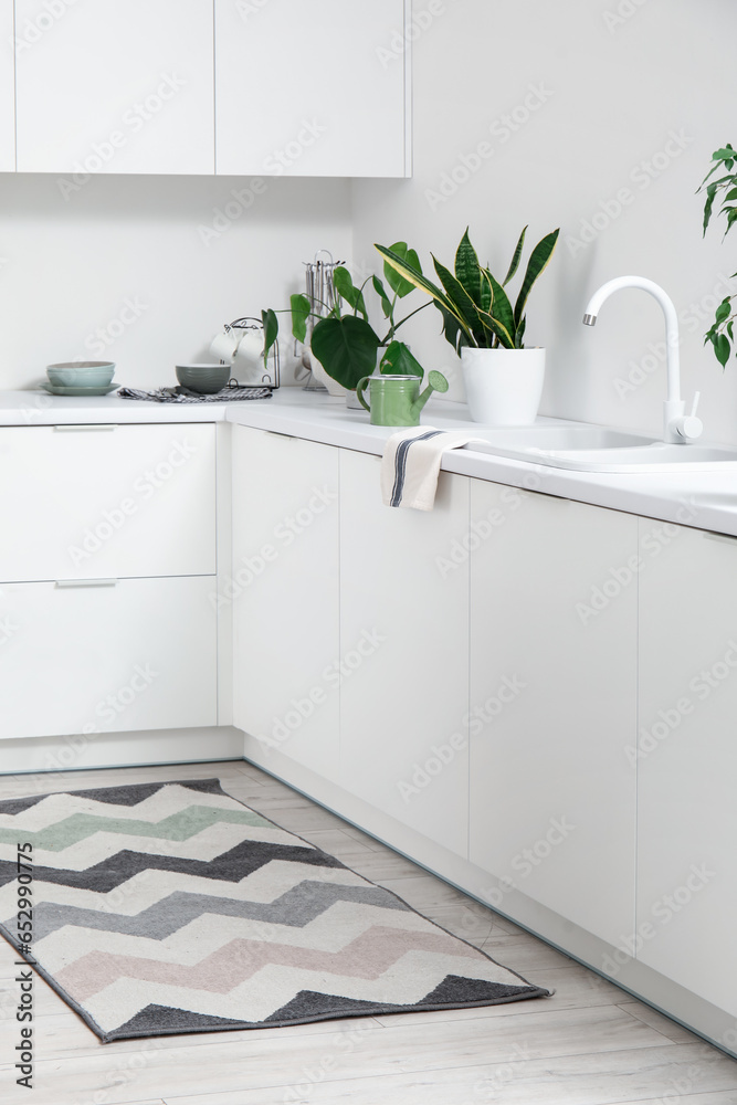 Stylish rug on floor in light kitchen