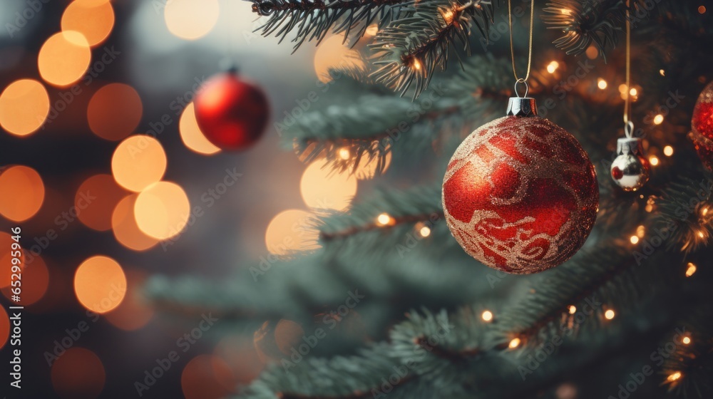 Festive lights and ornaments on Christmas tree