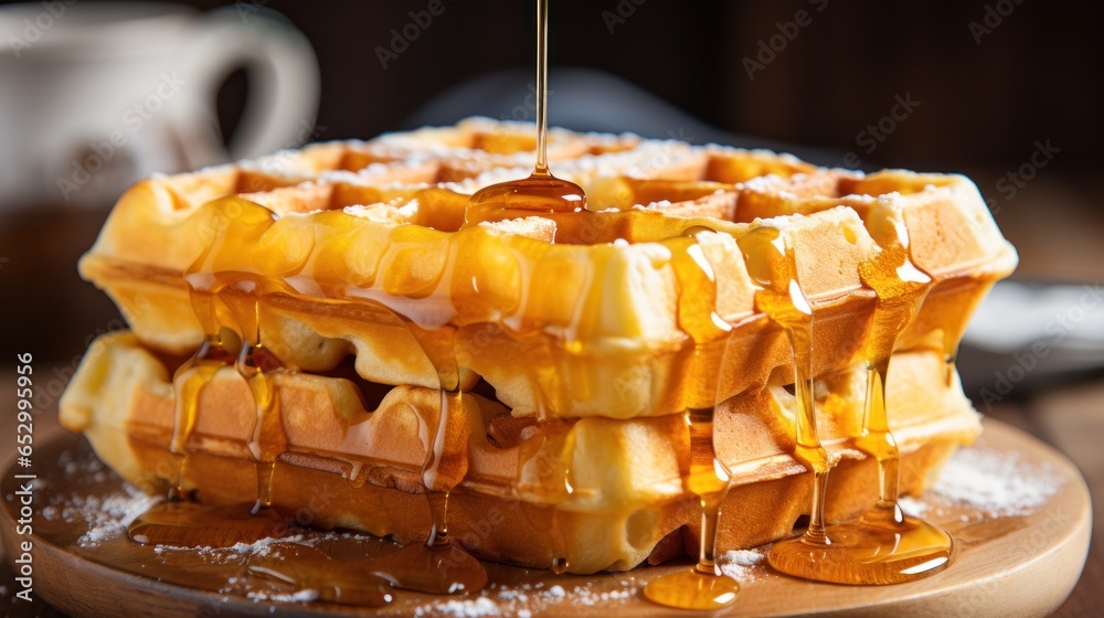 Classic and fluffy Belgian waffle with syrup