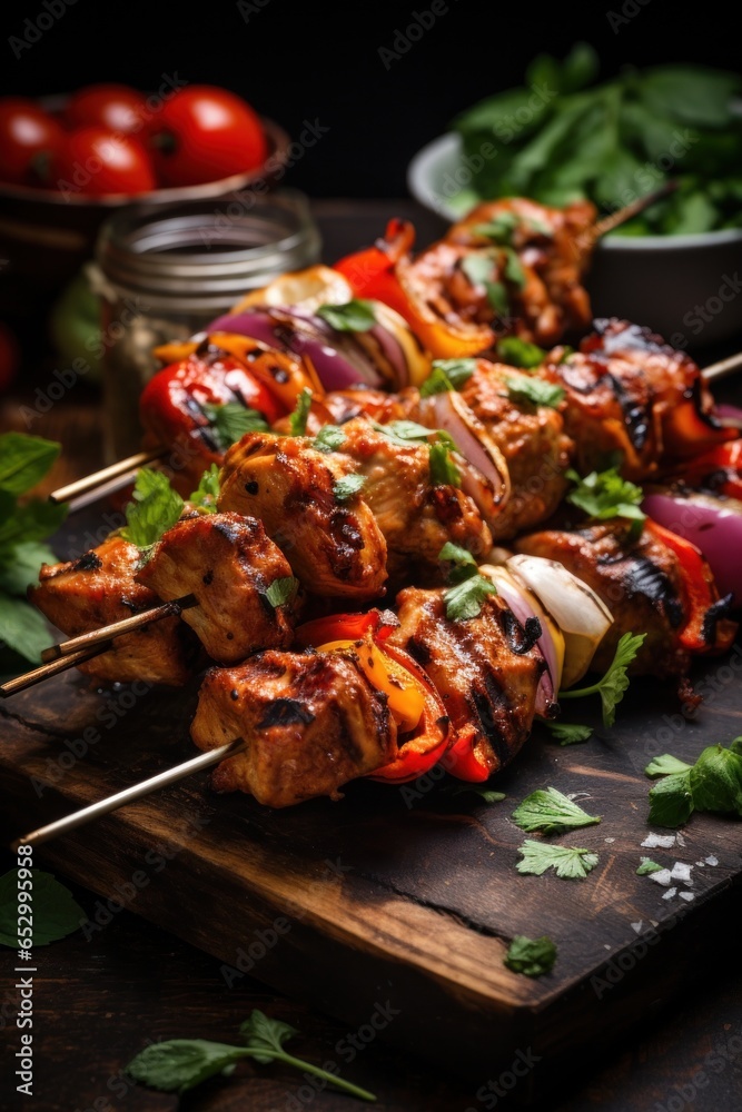 Juicy and grilled chicken kebab skewers.