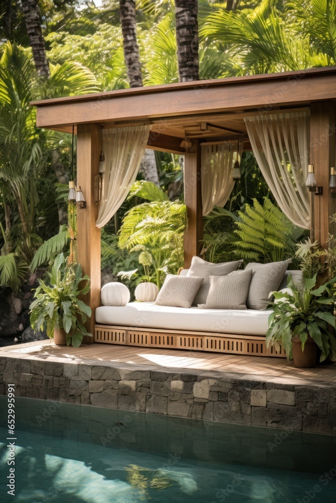 Stylish poolside cabanas with lush tropical foliage.