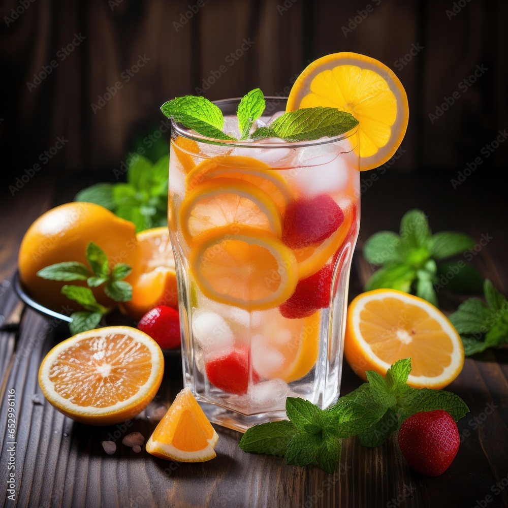 Icy and refreshing lemonade with sliced fruit