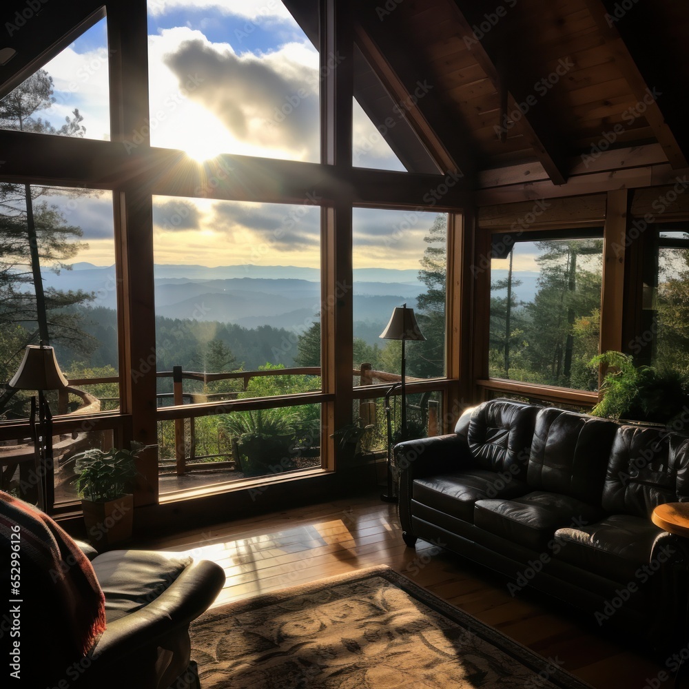 Mountain view from cozy log cabin retreat