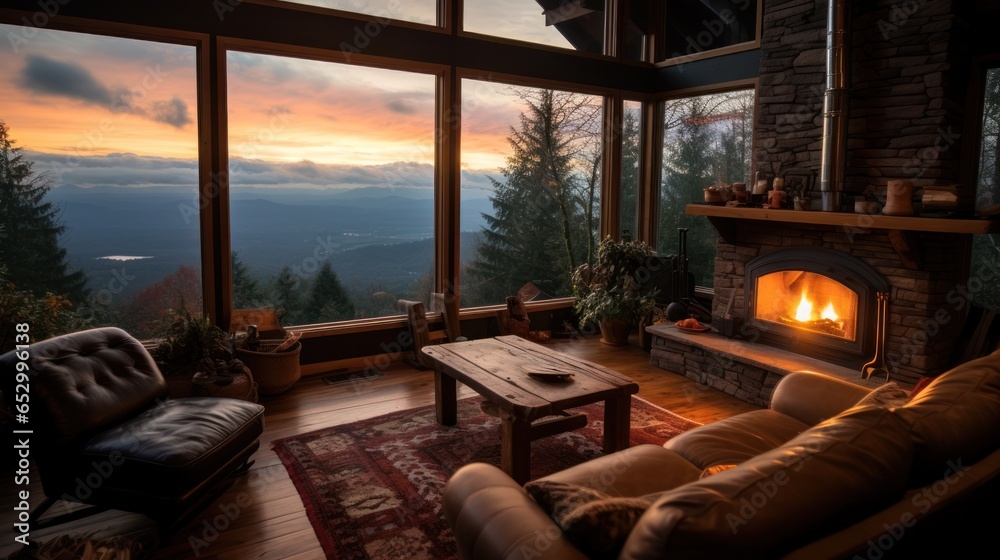 Mountain view from cozy log cabin retreat