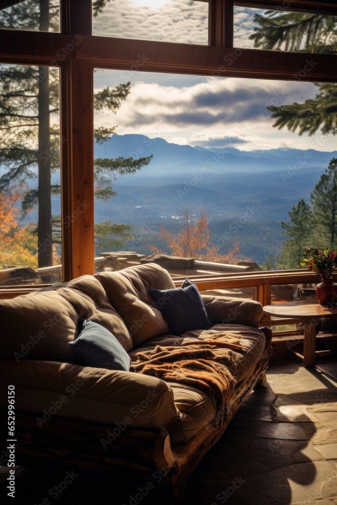 Mountain view from cozy log cabin retreat