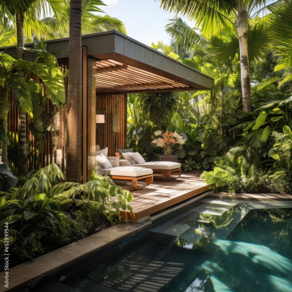 Stylish poolside cabanas with lush tropical foliage.