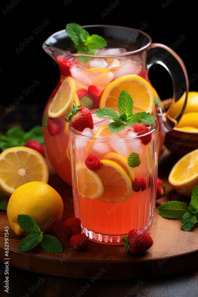 Icy and refreshing lemonade with sliced fruit