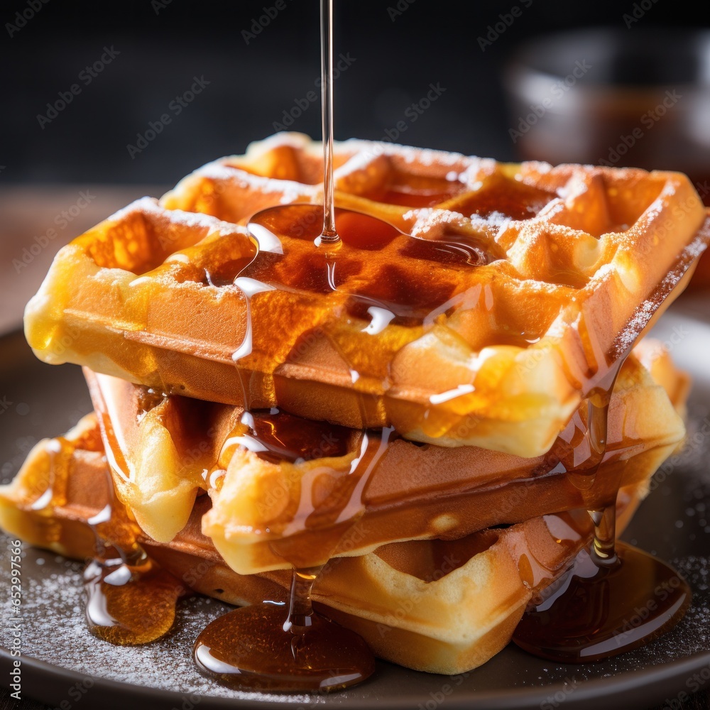 Classic and fluffy Belgian waffle with syrup