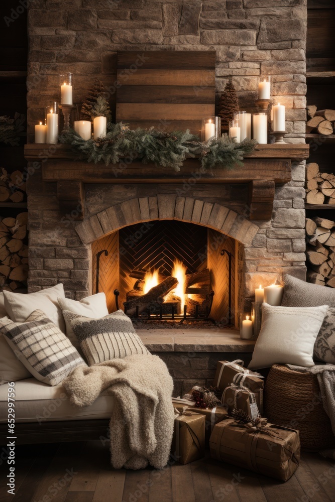 Cozy fireplace with stockings and decorations