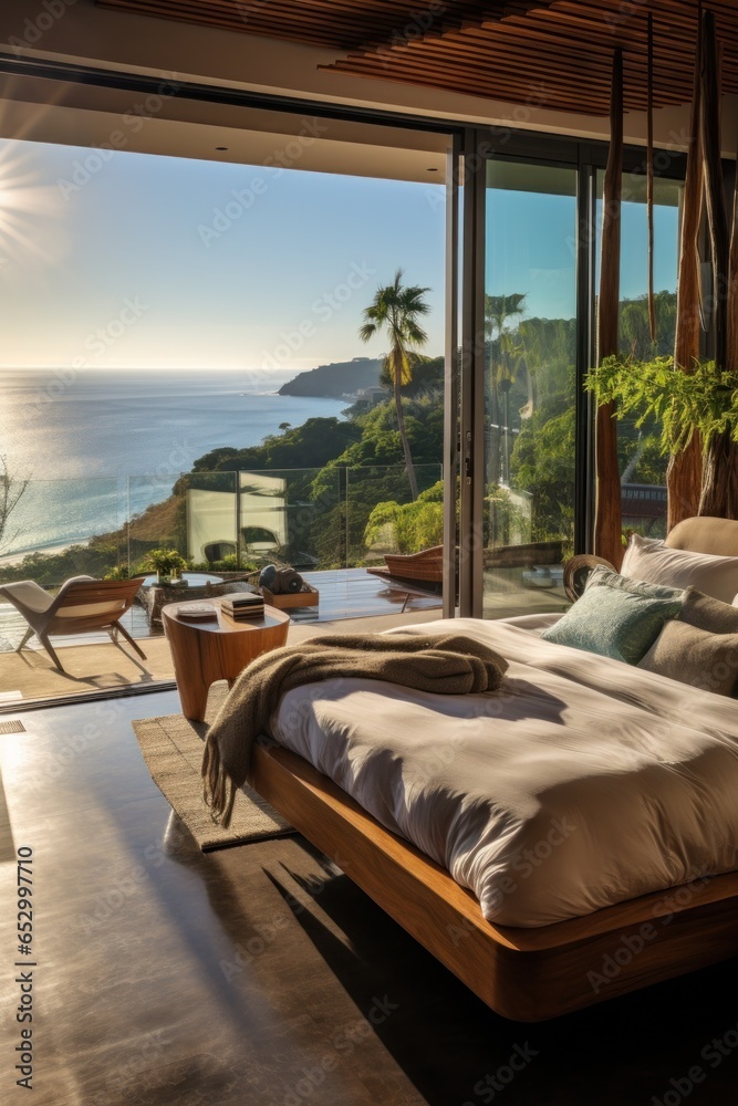 Luxurious bedroom with ocean view balcony