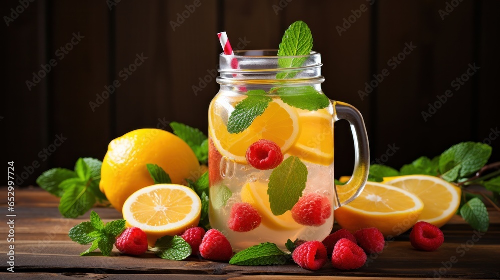 Icy and refreshing lemonade with sliced fruit