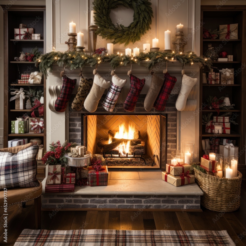 Cozy fireplace with stockings and decorations