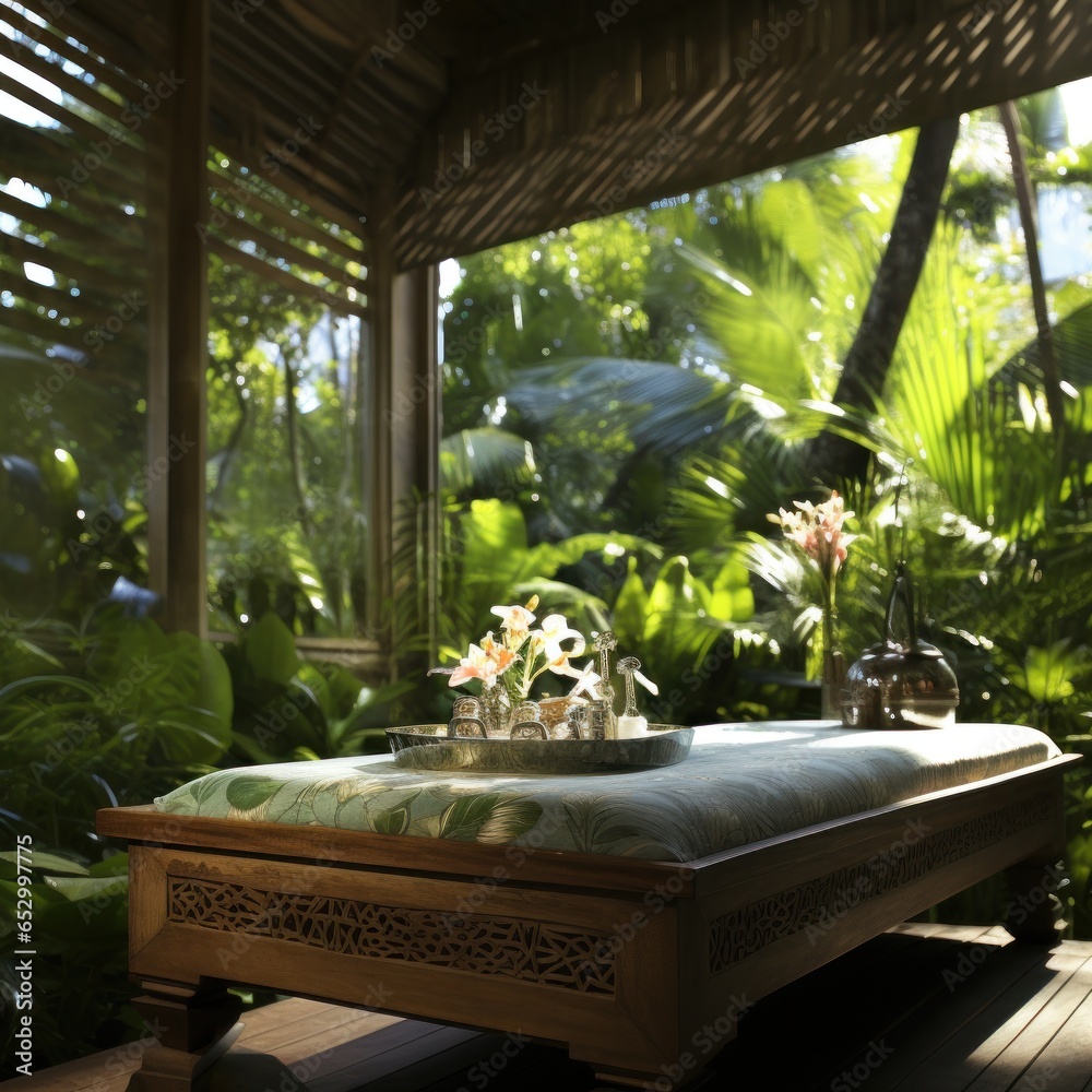 Spa treatment with tropical garden backdrop