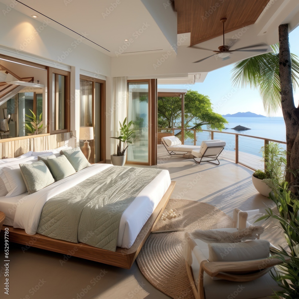 Luxurious bedroom with ocean view balcony