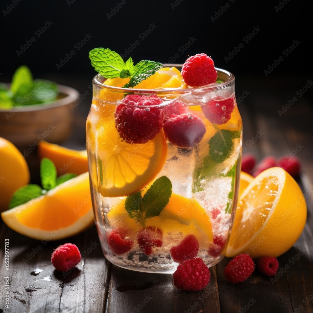 Icy and refreshing lemonade with sliced fruit