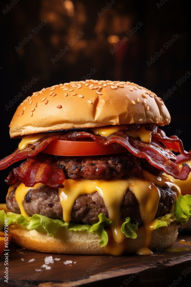 Delicious burger with melted cheese and bacon