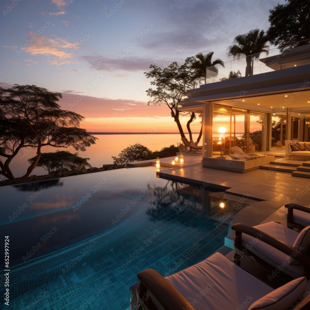 Infinity pool overlooking ocean at sunset.