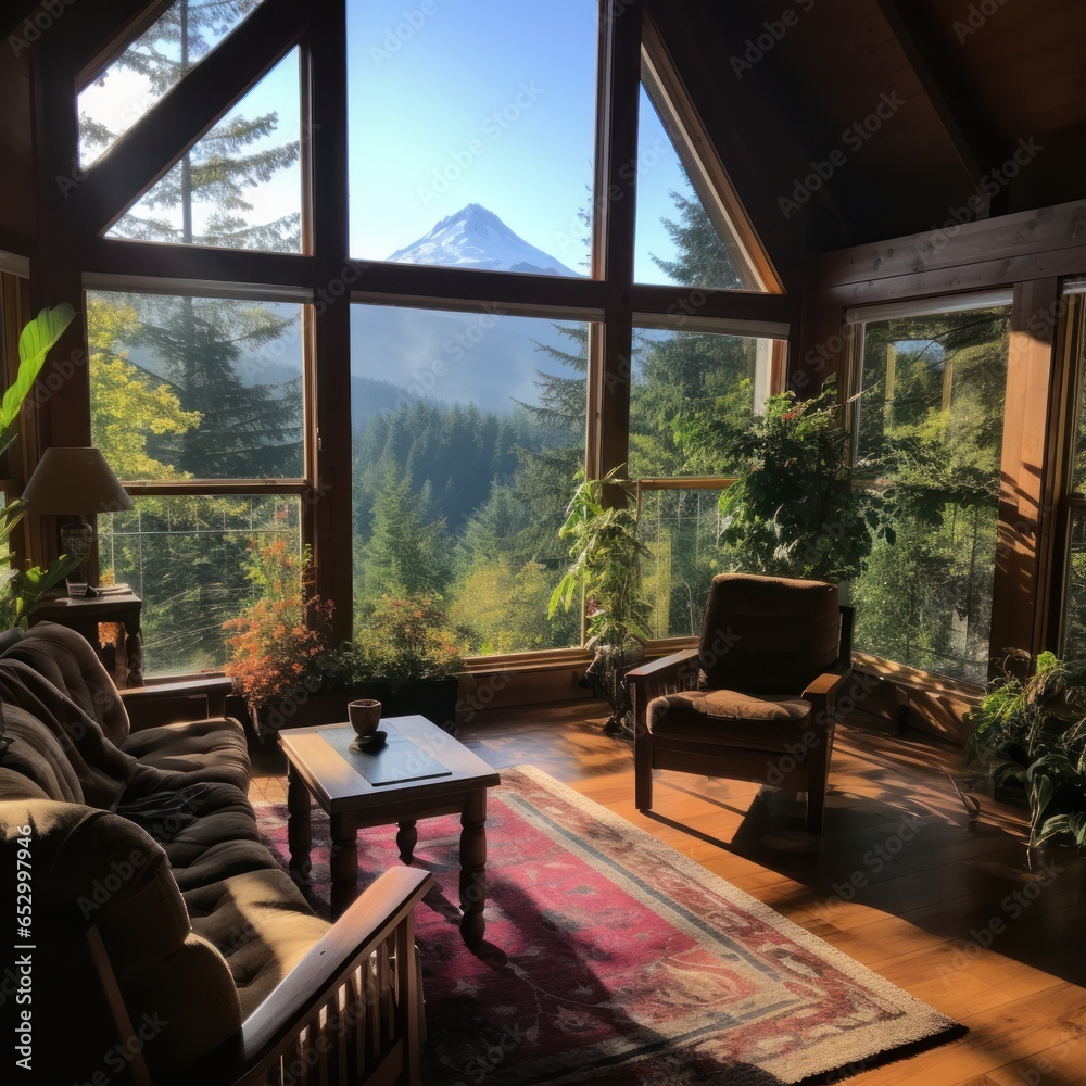 Mountain view from cozy log cabin retreat