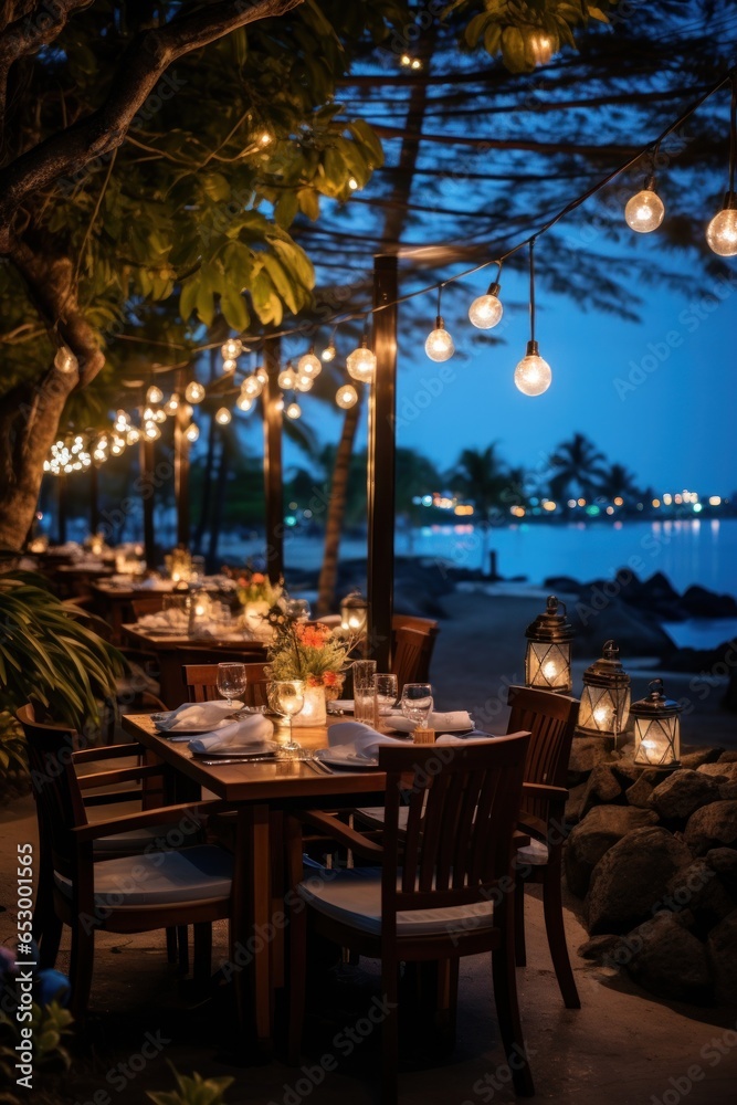 Outdoor dining under twinkling starry sky