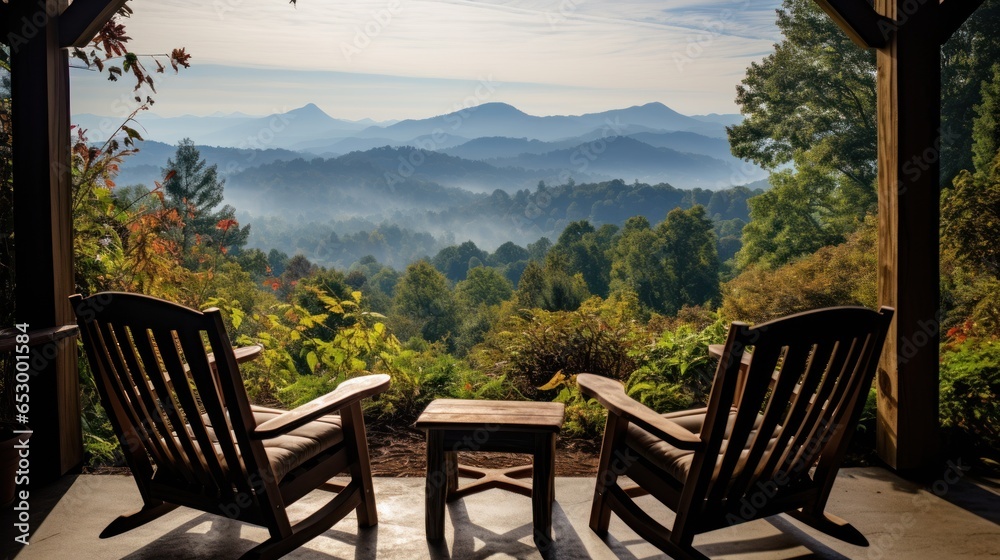 Mountain view from cozy log cabin retreat