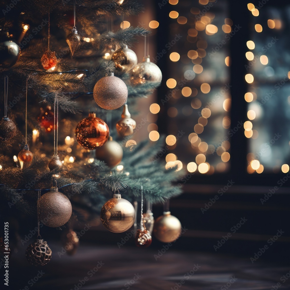 Festive lights and ornaments on Christmas tree