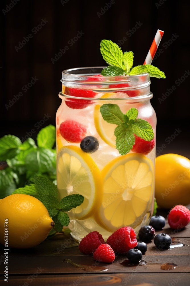 Icy and refreshing lemonade with sliced fruit