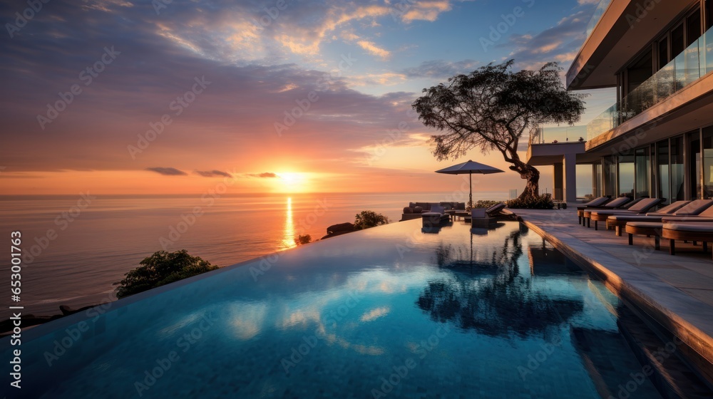 Infinity pool overlooking ocean at sunset.