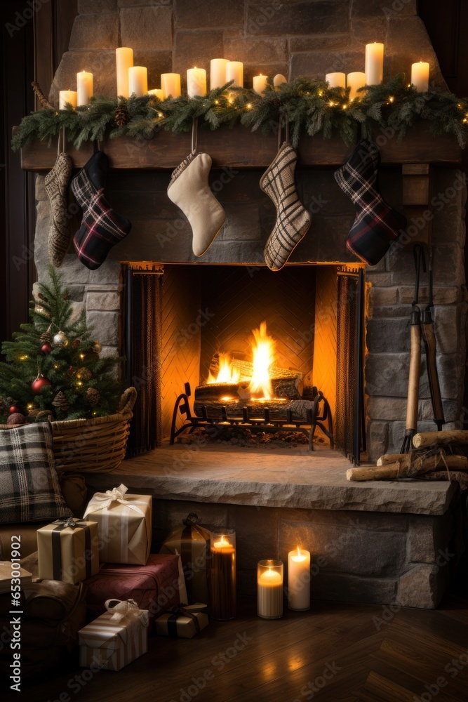 Cozy fireplace with stockings and decorations