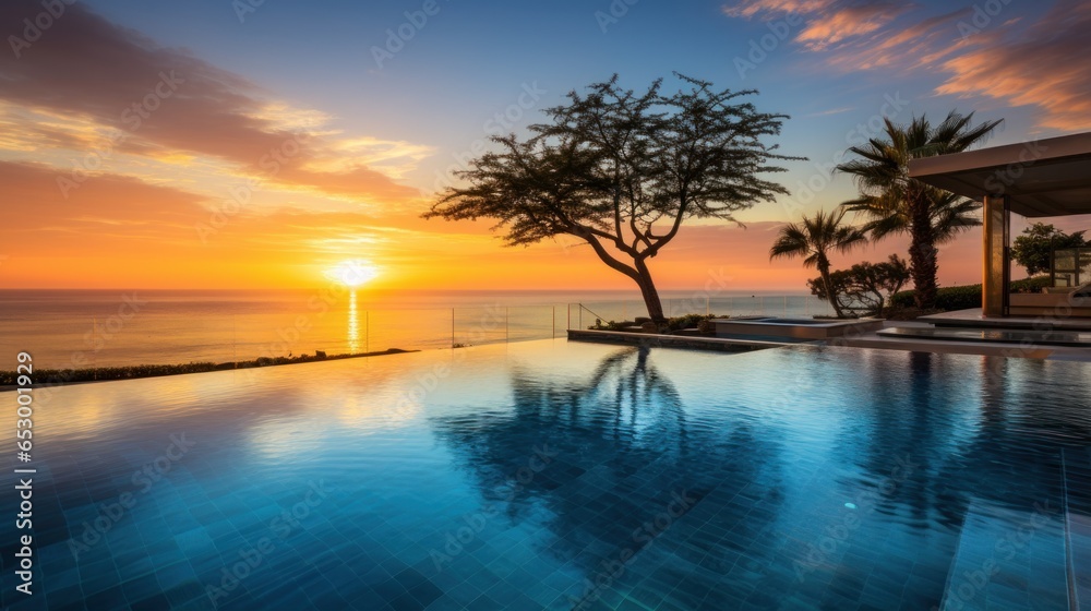 Infinity pool overlooking ocean at sunset.