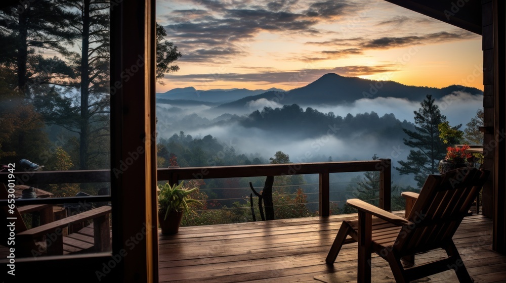 Mountain view from cozy log cabin retreat