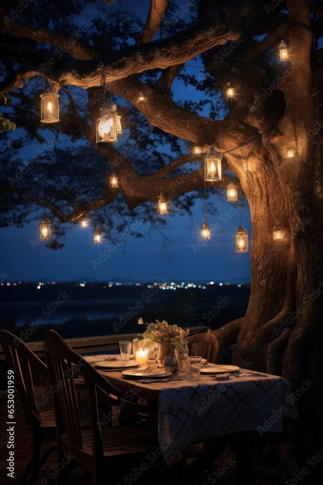 Outdoor dining under twinkling starry sky