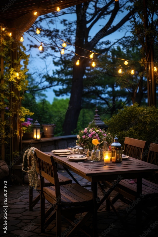 Outdoor dining under twinkling starry sky