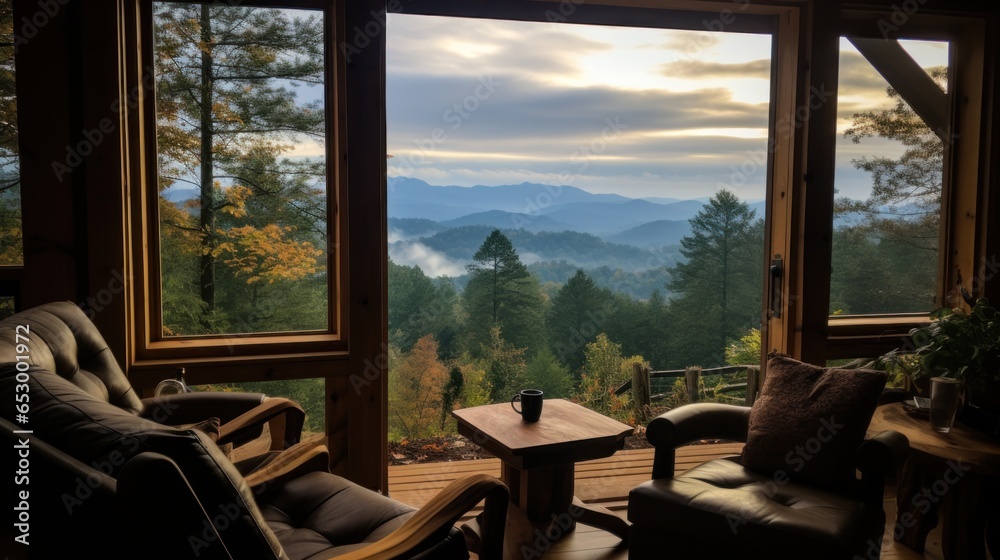 Mountain view from cozy log cabin retreat