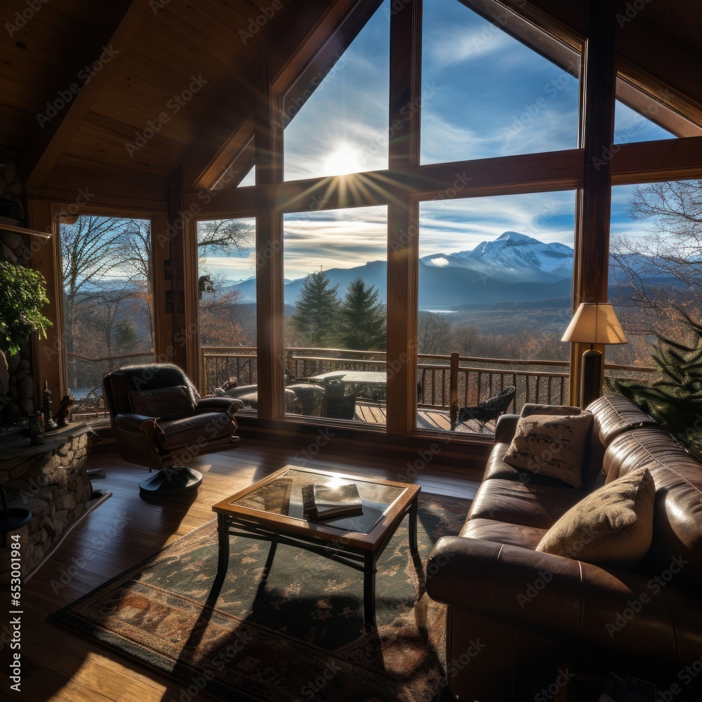 Mountain view from cozy log cabin retreat