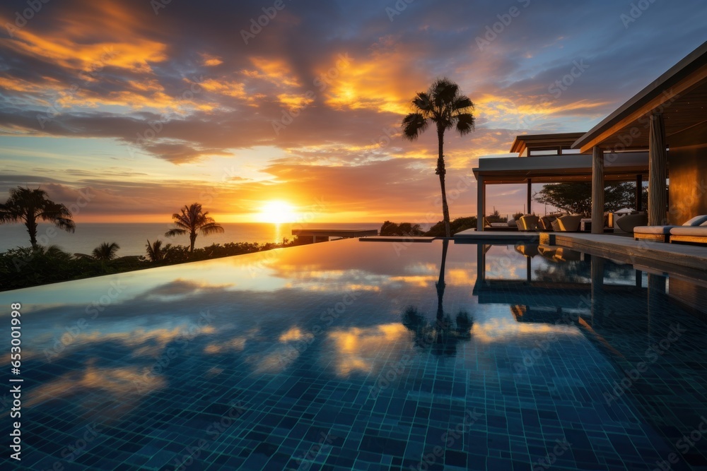 Infinity pool overlooking ocean at sunset.