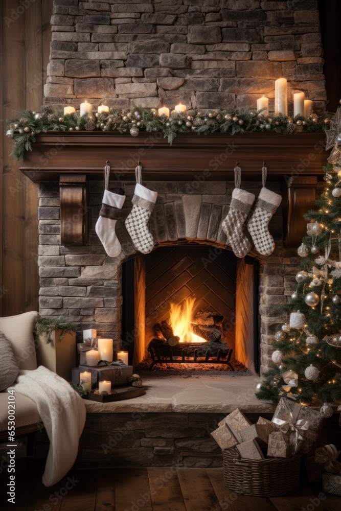 Cozy fireplace with stockings and decorations