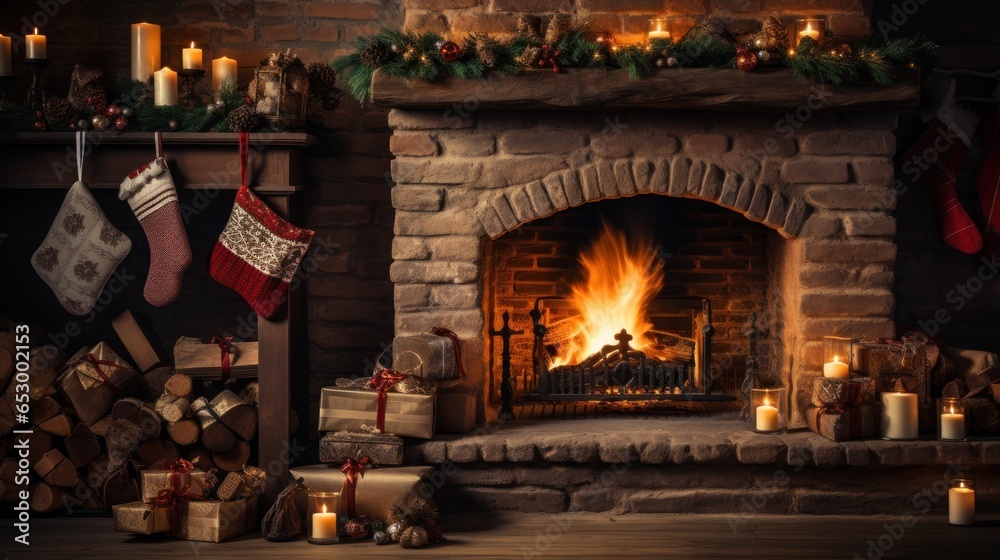 Cozy fireplace with stockings and decorations