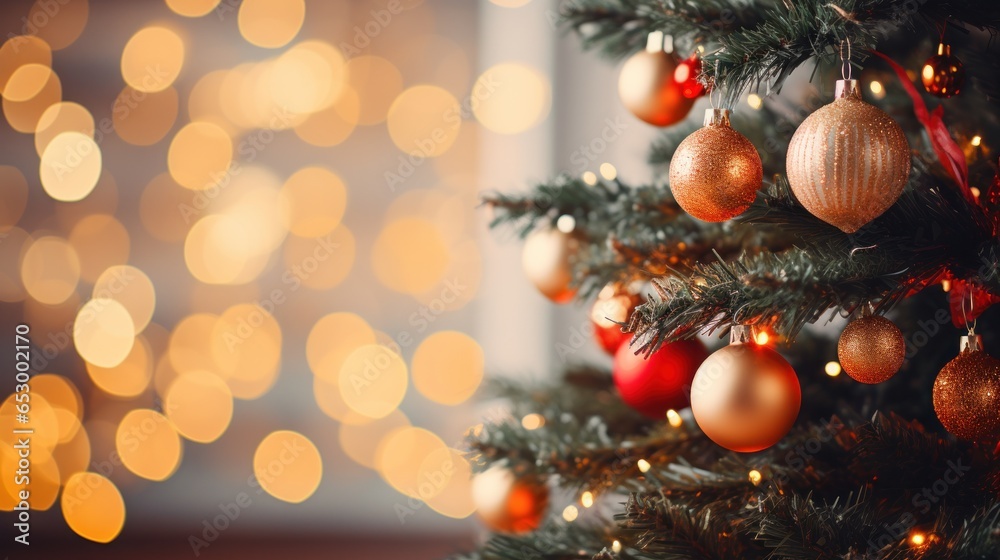 Festive lights and ornaments on Christmas tree