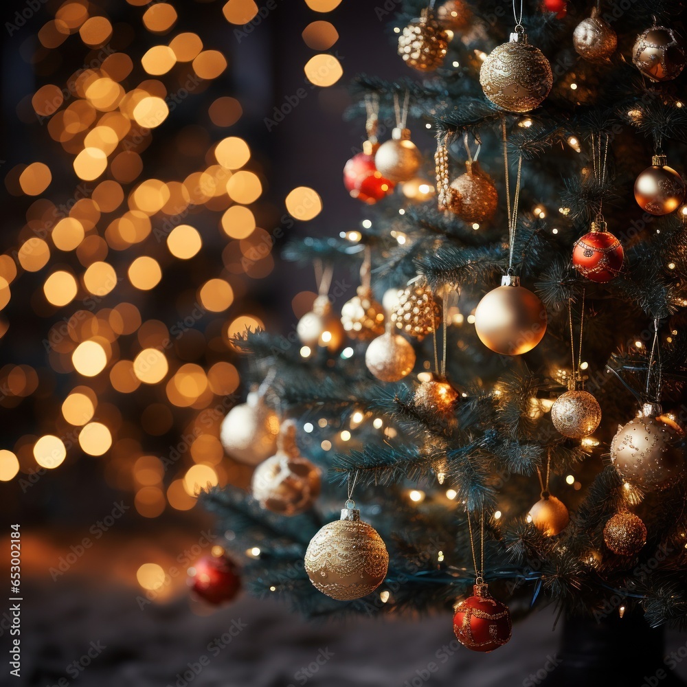 Festive lights and ornaments on Christmas tree