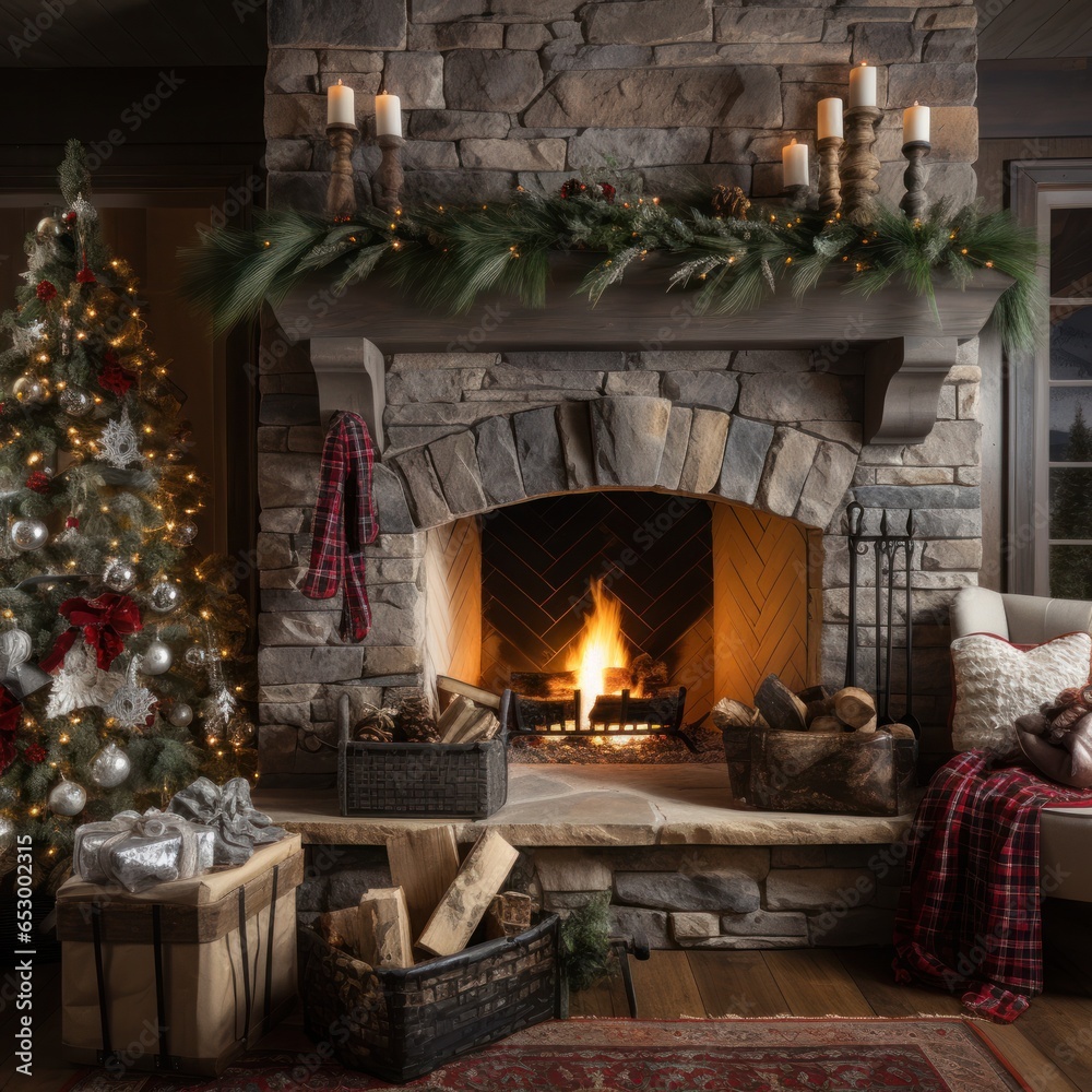 Cozy fireplace with stockings and decorations