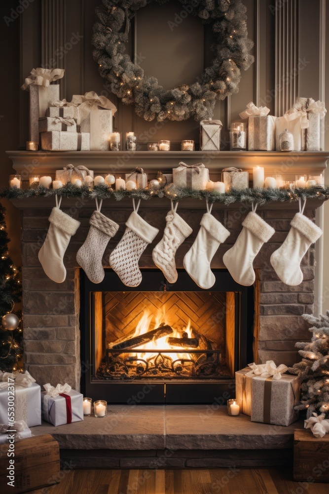 Cozy fireplace with stockings and decorations